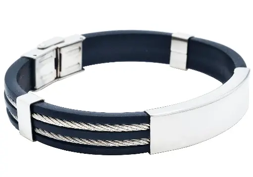 BLACKJACK Mens Black Silicone Stainless Steel Wire Bangle ID Bracelet BJB251W