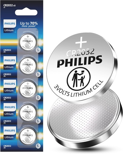 PHILIPS CR2032 Battery 5 Pack, 3v Lithium Coin Cell Battery Long-Lasting Coin and Button Cell Batteries (5Pk)