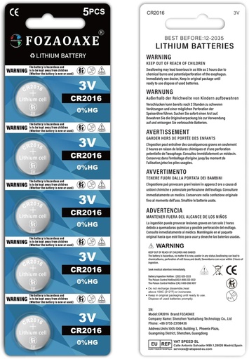 FOZAOAXE CR2016 3V Lithium Battery 5Pack