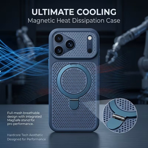 K61 Phone Case - Built-in Wireless Magnetic Attachment, Mesh Ventilation for Heat Dissipation and Metal Kickstand.-IPHONE 16PRO - BLUE 
