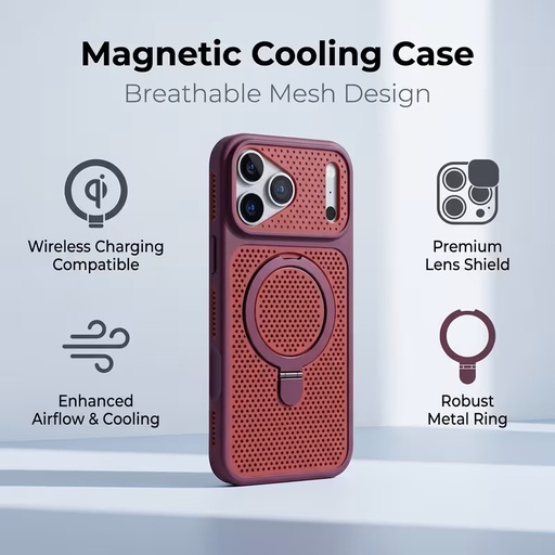 K61 Phone Case - Built-in Wireless Magnetic Attachment, Mesh Ventilation for Heat Dissipation and Metal Kickstand.-IPHONE 17PRO - RED