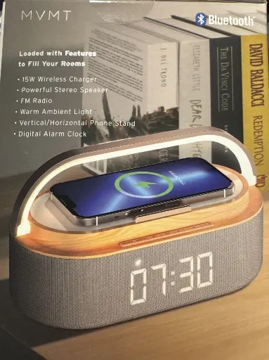 MVMT Harmonic 6-in-1 Portable Bluetooth Speaker with 15W Wireless Charging, Ambient Light, Alarm Clock, FM Radio & Phone Holder