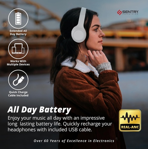SENTRY ACTIVE NOISE CANCELLATION HEADPHONES - WHITE 