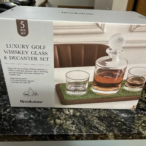 BROOKSTONE LUXURY GOLF WHISKEY GLASS AND DECANTER SET