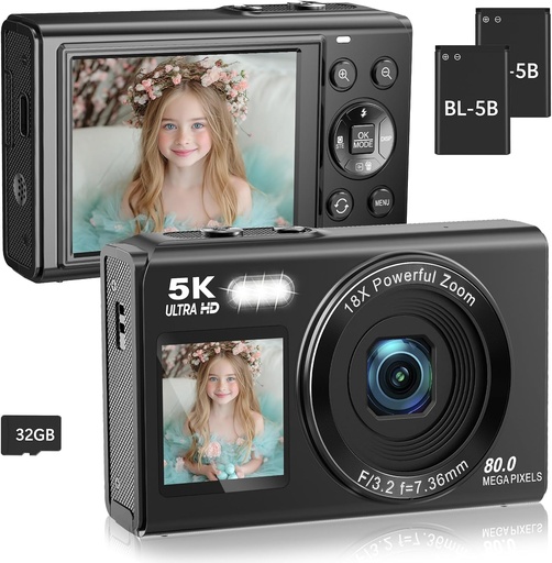 5K Digital 80MP Dual Screen Vlogging Camera 16X Digital Zoom Fill Light Includes 32GB Card & 2 Batteries (x9 Black)