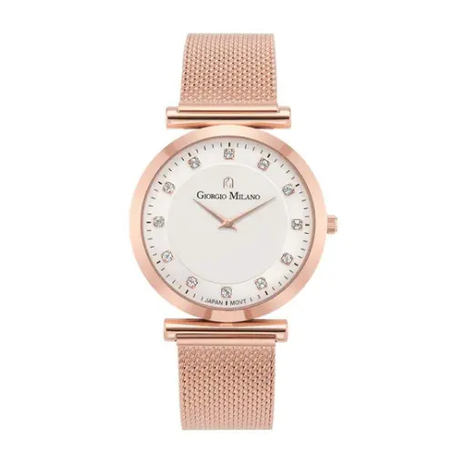 Giorgio Milano Ladies Round stainless steel case.Silver dial with crystal makers and rose gold strap 212RG2 CAMILLA