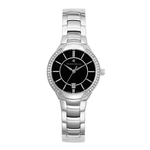 Giorgio Milano Ladies round Stainless steel with stones on case with date Black dial metal band 842ST03 OLIVIA