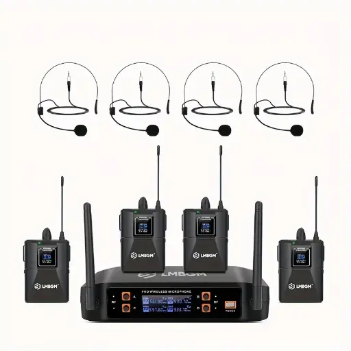 LMBGM PROFESSIONAL Wireless Microphone System Pro 4 Channel 4 Lavalier Bodypacks 4 Lapel Mic 4 Headsets , D44